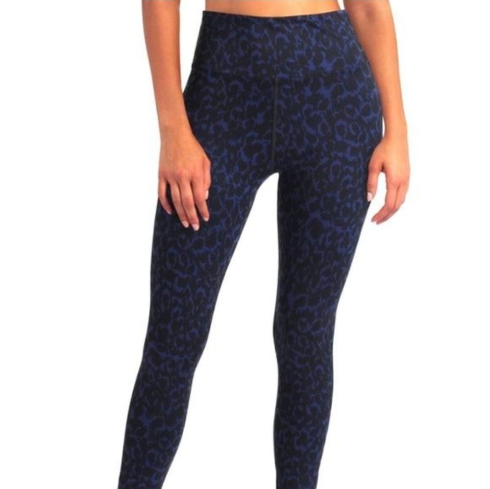 H by HALSTON FULL COMPRESSION LEGGINGS NAVY BLUE BLACK LEOPARD ABSTRACT MEDIUM